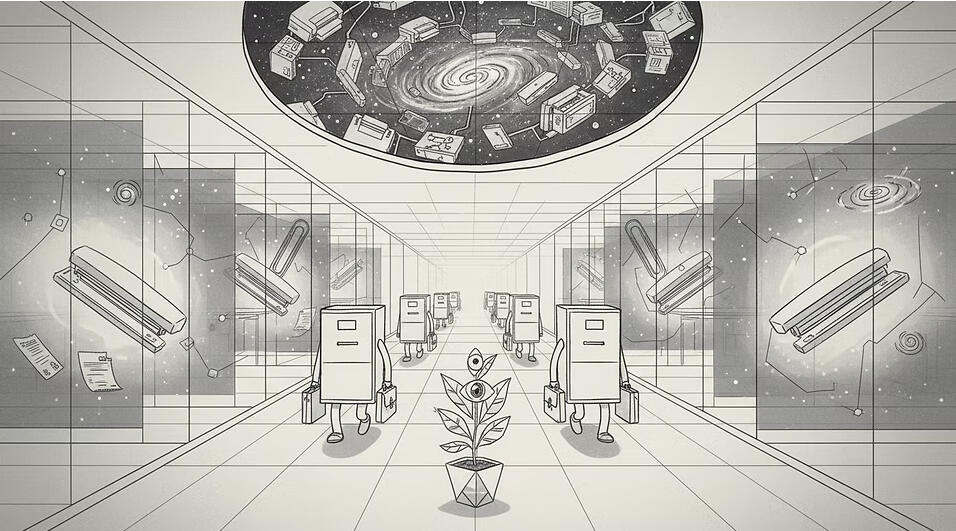 A long hallway with mirrored walls and display panels, containing small machines, a plant at the center, and a circular structure overhead.