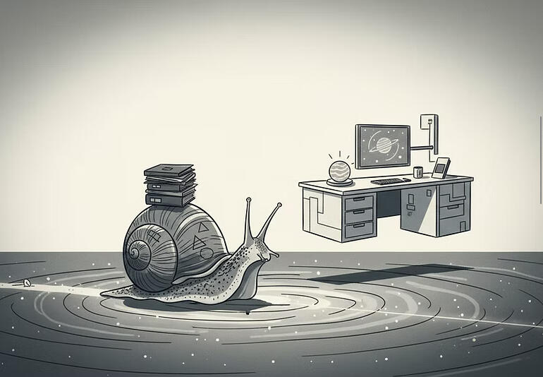 A snail moving slowly across a circular floor toward an office desk with a computer, suggesting delayed action in a quiet bureaucratic space.