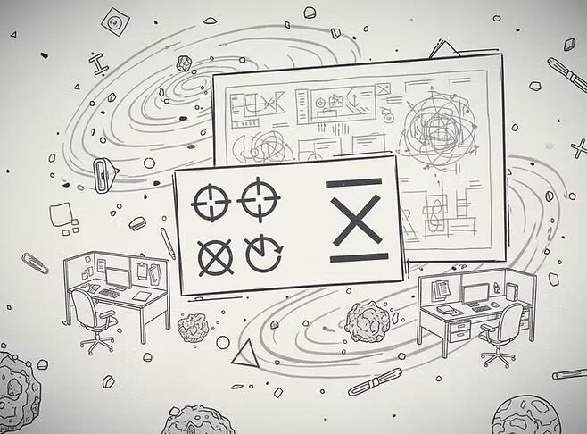 A cluttered whiteboard and desk covered with diagrams, symbols, and crossed-out marks, suggesting repeated planning and revision in a quiet office setting.