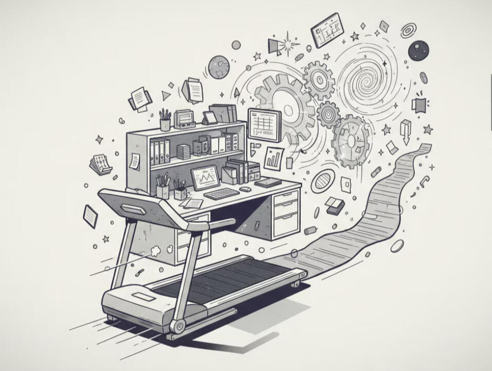 A desk with a computer and shelves surrounded by swirling diagrams, charts, and symbols, suggesting ongoing analysis in a quiet office environment.