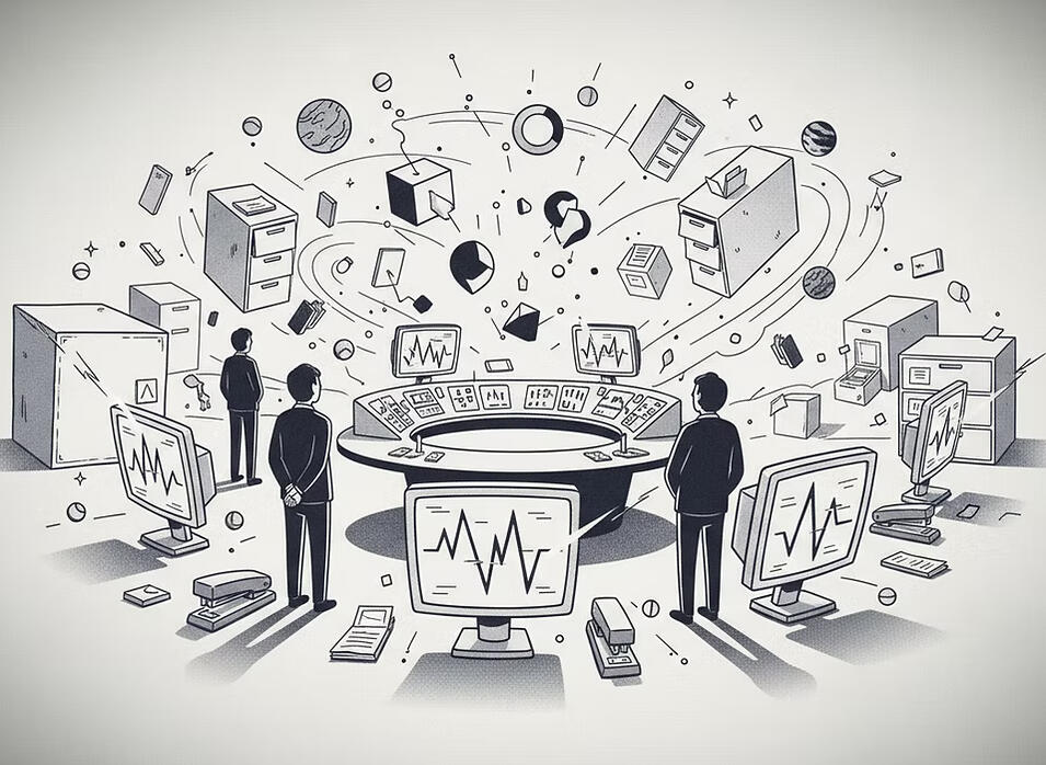 Several silhouetted figures standing around multiple computer monitors and displays, all showing similar charts and symbols, arranged in a structured office environment.