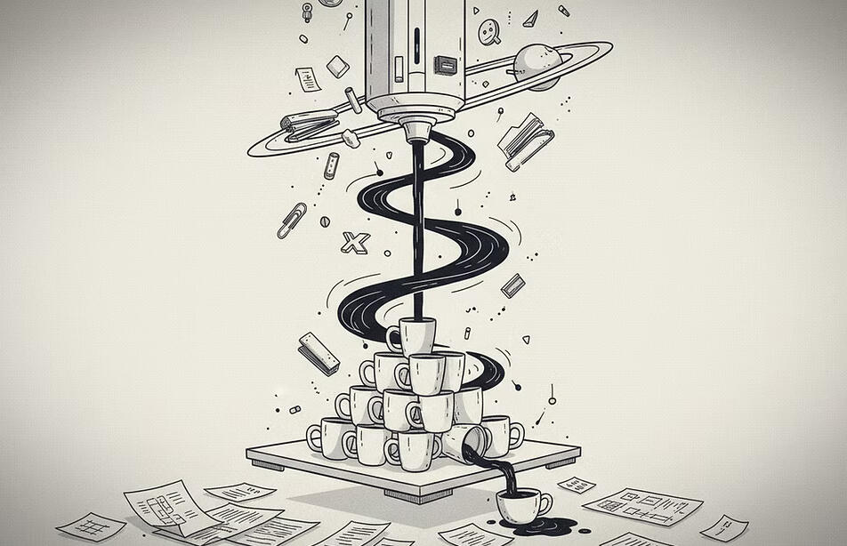 A tall, complex coffee machine with stacked cups at the base, a twisting central tube, and loose papers scattered around it.