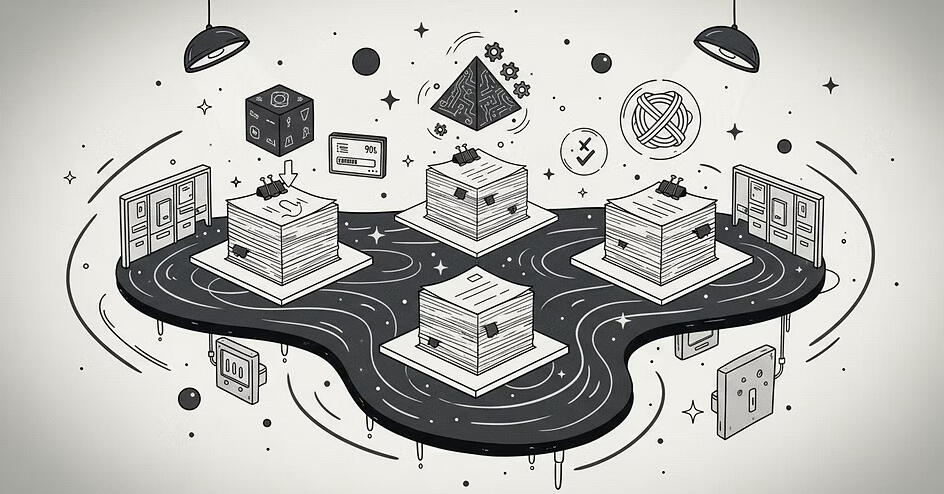 Several stacks of papers arranged on separate platforms connected by winding paths, surrounded by floating symbols and interface elements.