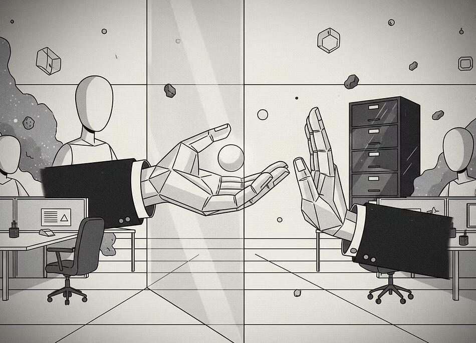 Two office workstations facing each other, with simplified human figures seated at desks and large mechanical hands extended between them, as if passing something back and forth.