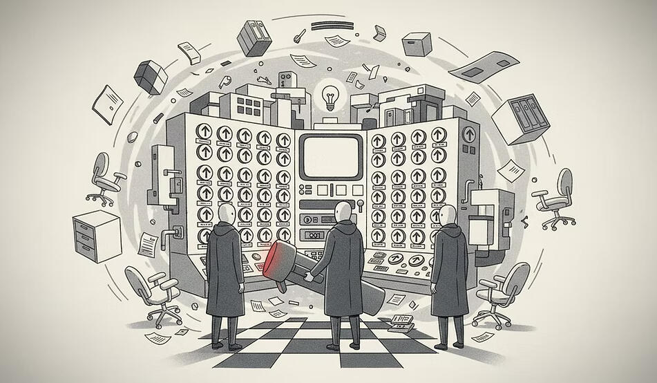 Three silhouetted figures standing in front of a large wall of circular dials and controls, with scattered office objects and equipment floating around the room.
