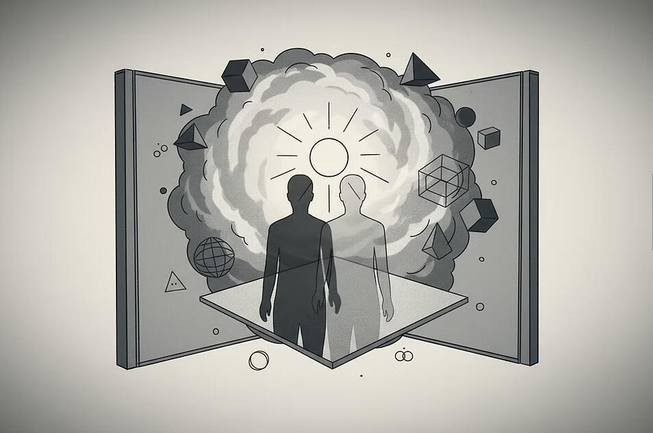 Two silhouetted human figures standing side by side within an open doorway, with geometric shapes and a glowing circular form behind them.