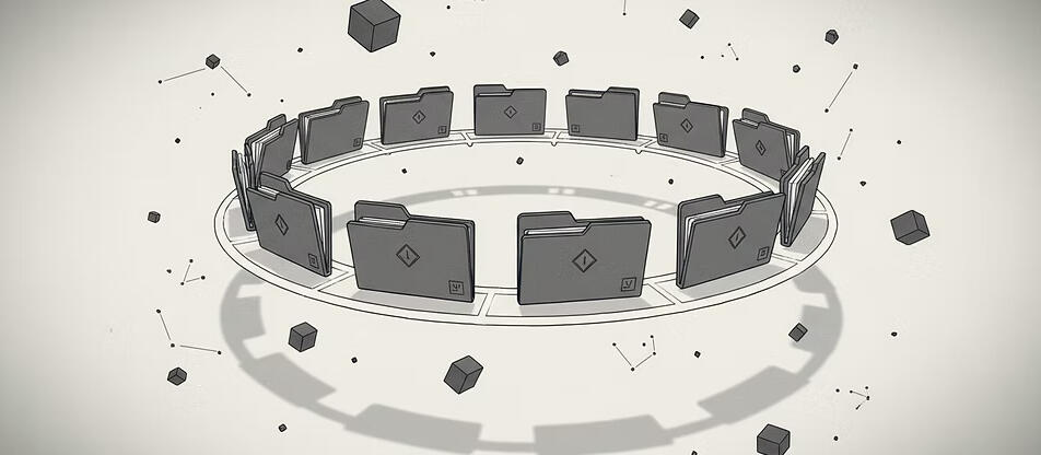 A circular arrangement of identical computer screens facing inward, surrounded by small floating cubes on a light background.