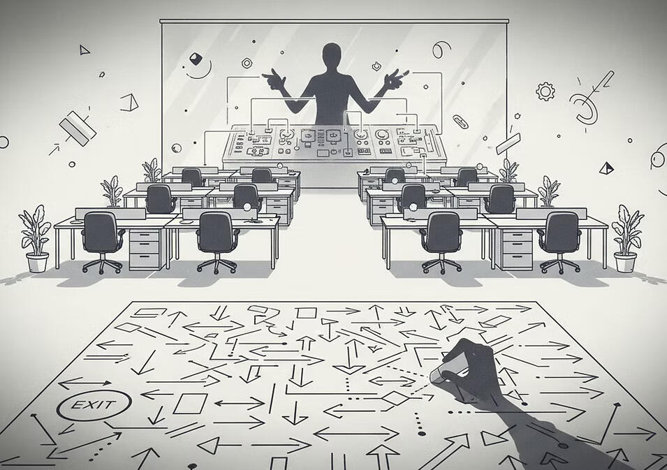 An empty classroom-like office with rows of desks and chairs facing a large screen, a silhouetted figure gesturing at the front, and a floor covered with directional arrows and symbols.