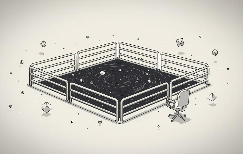 A square enclosed platform with railings around a dark central surface, accompanied by an empty office chair nearby, with small geometric shapes floating around.