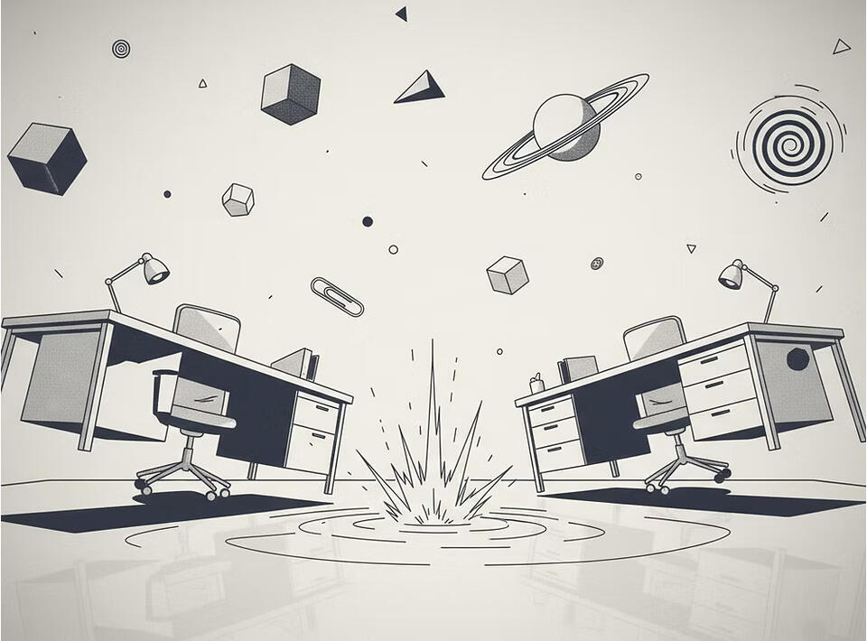 Two office desks facing each other with chairs, while objects and geometric shapes appear suspended above a burst-like shape on the floor between them.