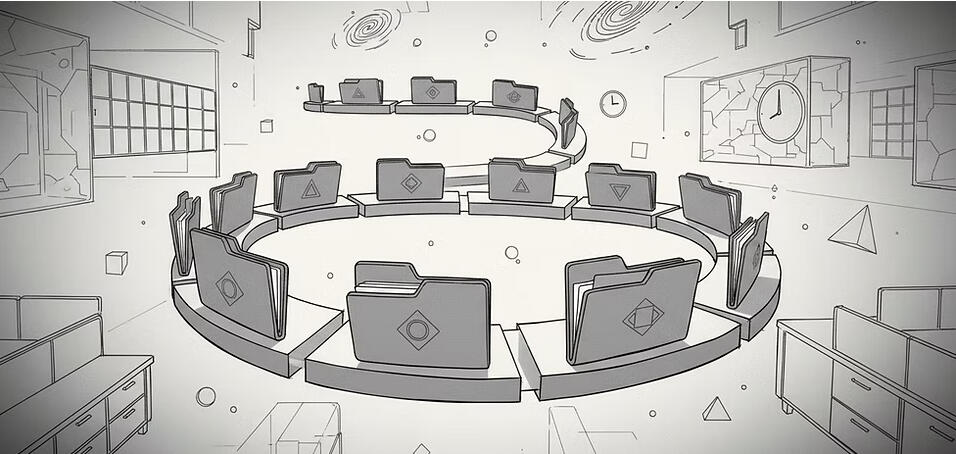 A circular arrangement of desks with open laptops facing inward, surrounded by office furniture and wall displays in a structured room.