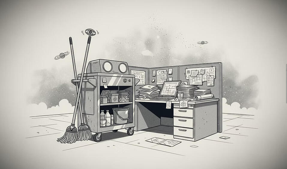 A janitorial cart with cleaning tools positioned next to a cluttered office desk covered with papers, folders, and equipment in an open workspace.