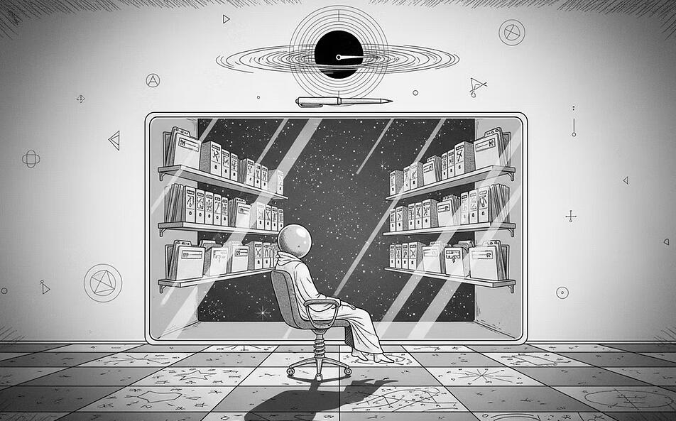 A seated figure in a chair facing an open doorway filled with shelves of files or boxes, with geometric symbols and a dark circular form suspended above the scene.