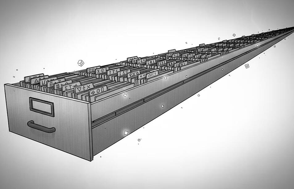 A long open filing drawer filled with labeled folders, extending into the distance against a plain background.
