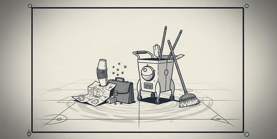 A small grouping of cleaning tools, a container, and scattered papers arranged on the floor within a simple framed workspace.