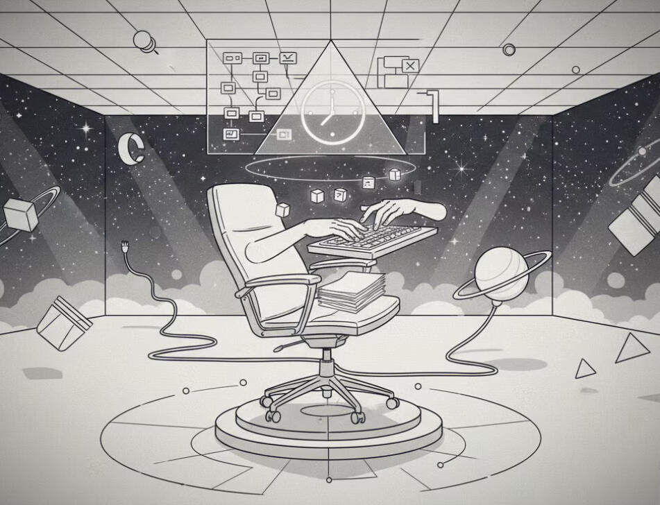 An empty office chair positioned on a circular platform beneath overhead symbols and diagrams, with cables and geometric shapes floating around the room.