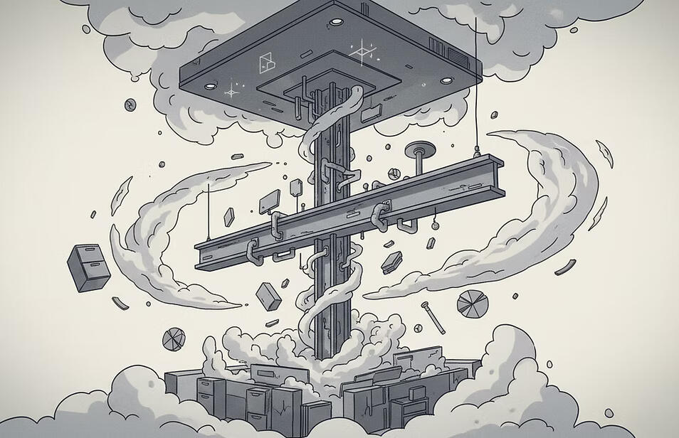 A vertical mechanical column rising through layered platforms and clouds, with structural beams, cables, and geometric shapes suspended around it.